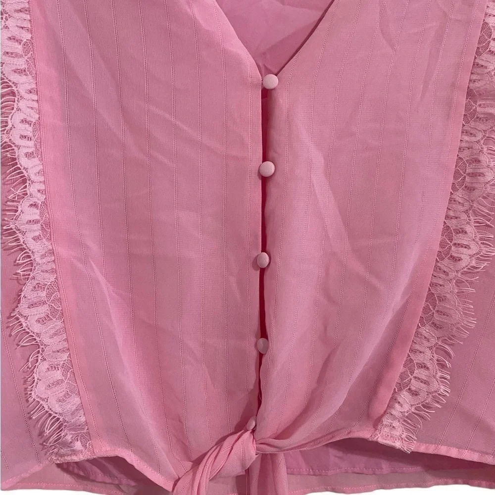WAYF Pink Lace Trim Knotted Long Sleeve Blouse I Size: M - Picture 6 of 13